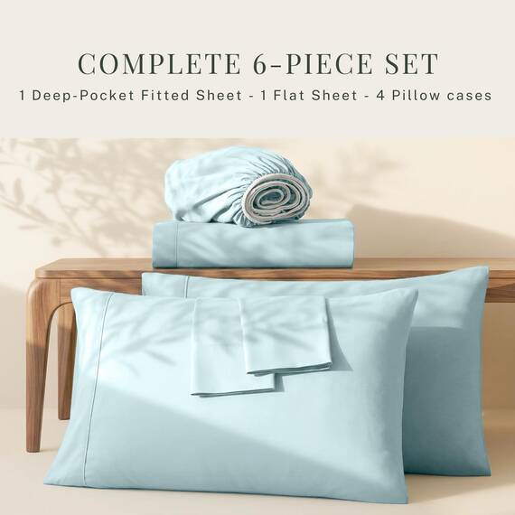 Hearth & Harbor Luxuriöses, weiches 6-teiliges Set mit extra tiefen Taschen Passend für Matratzen bis 53,3 cm, doppelt gebürstete Bettwäsche und Kissenbezüge, Mikrofaser, Aqua Blue, Split King Size, 6