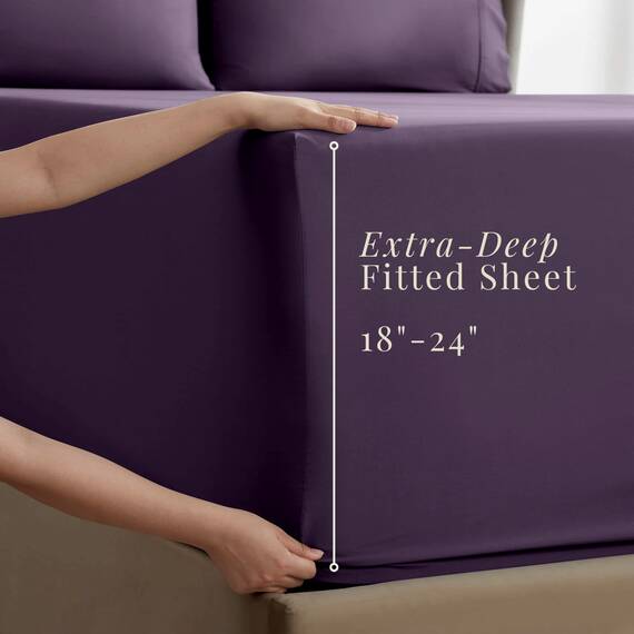 Hearth & Harbor 6 Piece Bed Sheet Set Extra Deep Pocket, Fits Mattress from 18-24 inces Depth, Split King, Eggplant