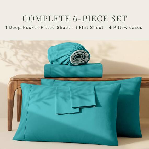 Hearth & Harbor 6 Piece Bed Sheet Set Extra Deep Pocket, Fits Mattress from 18-24 inces Depth, Split King, Teal