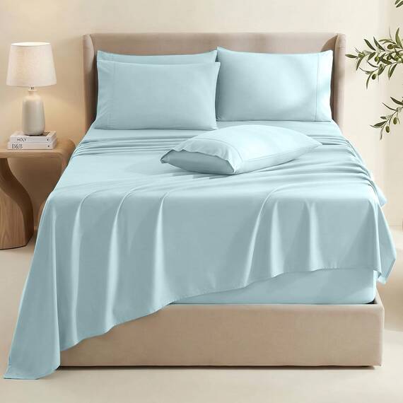 Hearth & Harbor Luxuriöses, weiches 6-teiliges Set mit extra tiefen Taschen Passend für Matratzen bis 53,3 cm, doppelt gebürstete Bettwäsche und Kissenbezüge, Mikrofaser, Aqua Blue, Split King Size, 6