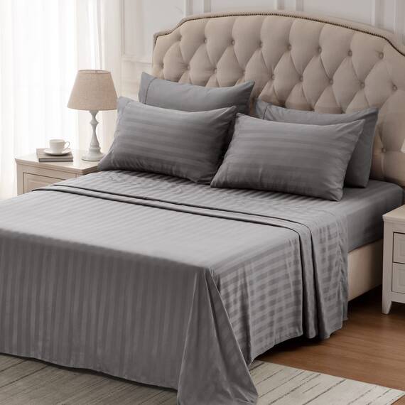 SLEEP ZONE Gestreiftes kühlendes Queen-Bettwäsche-Set – Spannbettlaken und Kissenbezüge-Sets 4-teilig – superweiches gestreiftes Bettlaken, pflegeleicht, Tiefe Tasche (Gull Grey, Queensize)
