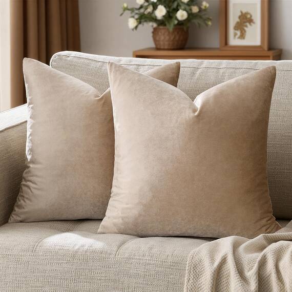 Gigizaza, dekorative Kissenbezüge, 66 x 66 cm, 2-er-Set, Samt, Boho, taupe, quadratisch, für Couch, für Sofakissen