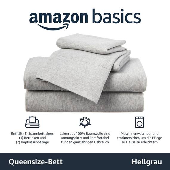Amazon Basics Bettwäsche-Set aus Meliertem Baumwoll-Jersey - Queensize-Bettgröße, Hellgrau mit Leichtem und Atmungsaktivem Spannbettlaken (1x), Betttuch (1x) und Kissenbezügen (2x), 4 Stück, Einfarbig