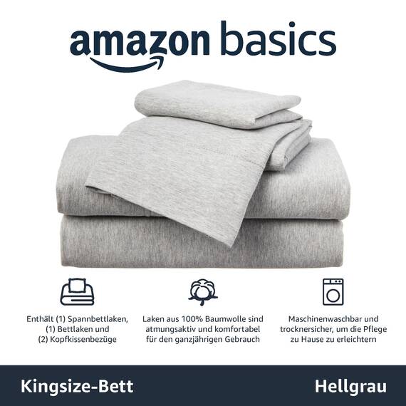 Amazon Basics 4 Stück Bettlaken-Set aus Jersey, für Doppelbetten King, Hellgrau, Einfarbig