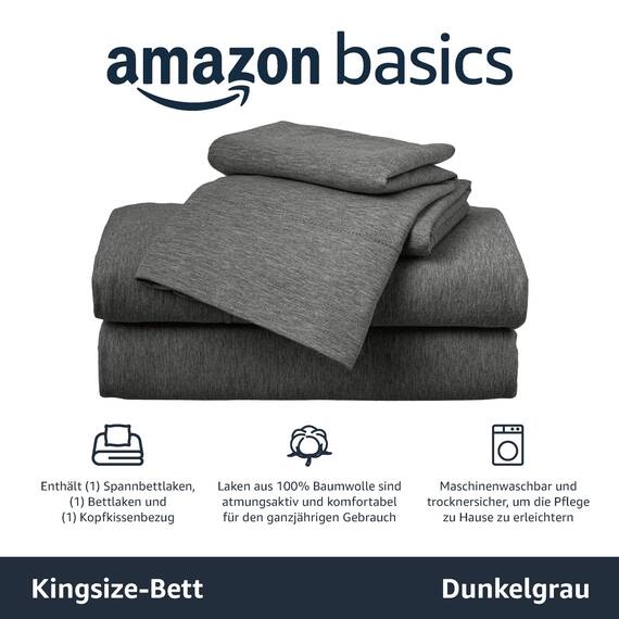 Amazon Basics 4 Stück Bettlaken-Set aus Jersey, für Doppelbetten King, Dunkelgrau, Einfarbig