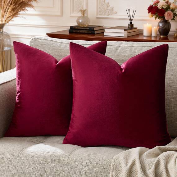 GIGIZAZA Dekorative Kissenbezüge 40,6 x 40,6 cm, Set mit 2 weinroten quadratischen Couch-Kissenbezügen, Samt, Sofa, Boho-Kissen
