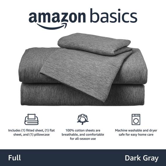 Amazon Basics 4 Stück Bettlaken-Set aus Jersey, für Doppelbetten, Full, Dunkelgrau, Einfarbig