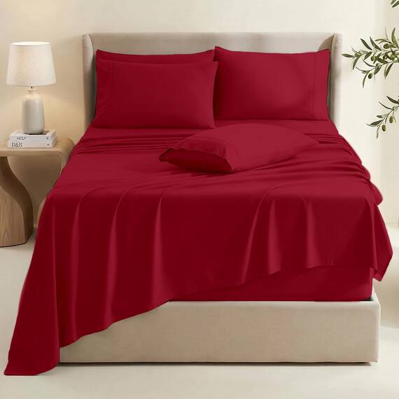 Hearth & Harbor 6 Piece Bed Sheet Set Extra Deep Pocket, Fits Mattress from 18-24 inces Depth, King, Burgundy