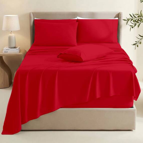 Hearth & Harbor 4 Piece Bed Sheet Set Extra Deep Pocket, Fits Mattress from 18-24 inces Depth, Twin, Cherry Red