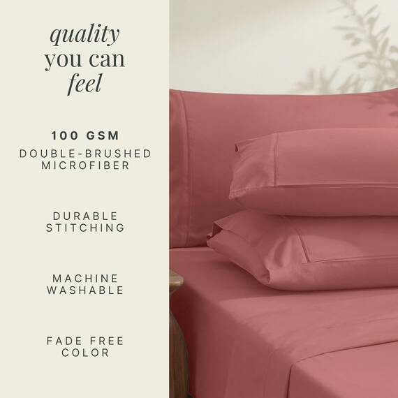 Hearth & Harbor 6 Piece Bed Sheet Set Extra Deep Pocket, Fits Mattress from 18-24 inces Depth, Split King, Misty Rose