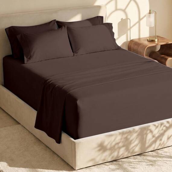 Hearth & Harbor 4 Piece Bed Sheet Set Extra Deep Pocket, Fits Mattress from 18-24 inces Depth, Twin, Brown