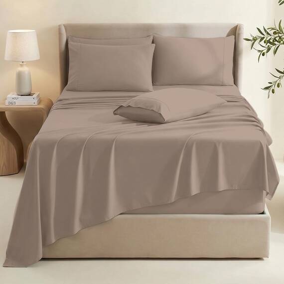 Hearth & Harbor 6 Piece Bed Sheet Set Extra Deep Pocket, Fits Mattress from 18-24 inces Depth, Split King, Taupe