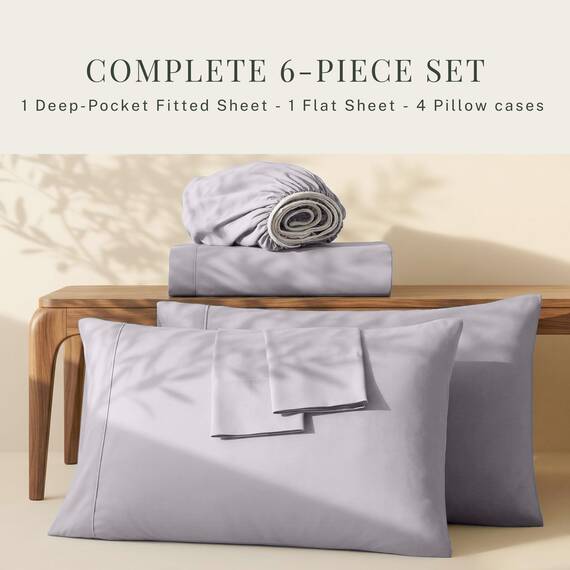 Hearth & Harbor 6 Piece Bed Sheet Set Extra Deep Pocket, Fits Mattress from 18-24 inces Depth, King, Light Lavender