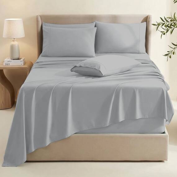 Hearth & Harbor 4 Piece Bed Sheet Set Extra Deep Pocket, Fits Mattress from 18-24 inces Depth, Twin, Silver