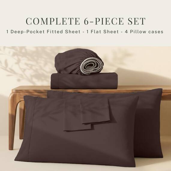Hearth & Harbor 6 Piece Bed Sheet Set Extra Deep Pocket, Fits Mattress from 18-24 inces Depth, Split King, Brown