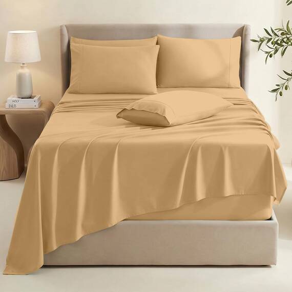 Hearth & Harbor 6 Piece Bed Sheet Set Extra Deep Pocket, Fits Mattress from 18-24 inces Depth, King, Camel