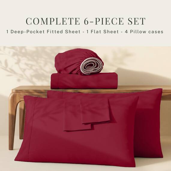 Hearth & Harbor 6 Piece Bed Sheet Set Extra Deep Pocket, Fits Mattress from 18-24 inces Depth, King, Burgundy