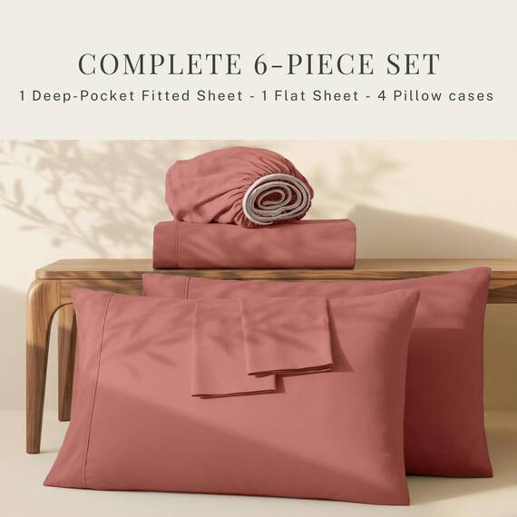 Hearth & Harbor 6 Piece Bed Sheet Set Extra Deep Pocket, Fits Mattress from 18-24 inces Depth, Split King, Misty Rose
