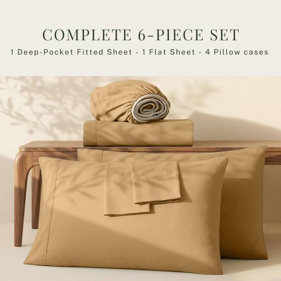 Hearth & Harbor 6 Piece Bed Sheet Set Extra Deep Pocket, Fits Mattress from 18-24 inces Depth, King, Camel