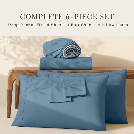 Hearth & Harbor 6 Piece Bed Sheet Set Extra Deep Pocket, Fits Mattress from 18-24 inces Depth, Queen, Blue Heaven