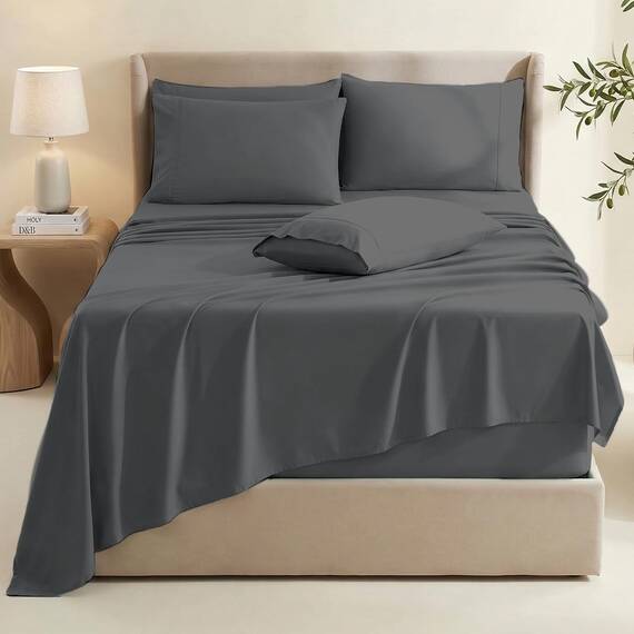 Hearth & Harbor Bettwäsche-Set, Queen-Size, extra Tiefe Bettlaken – passend für Matratzen mit Einer Tiefe von 45,7–61 cm, 6-teiliges Set, Grau