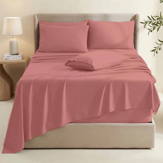 Hearth & Harbor 6 Piece Bed Sheet Set Extra Deep Pocket, Fits Mattress from 18-24 inces Depth, California King, Misty Rose