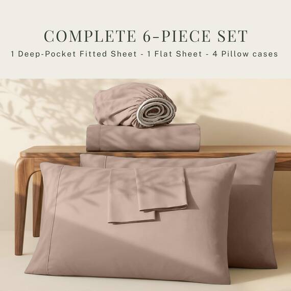 Hearth & Harbor Bettlaken-Set, extra tief, passend für Matratzen mit Einer Tiefe von 45,7-61 cm, extra Tiefe Bettlaken, 6-teiliges Bettlaken in voller Größe, Tiefe Tasche, Taupe