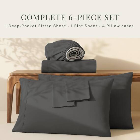 Hearth & Harbor 6 Piece Bed Sheet Set Extra Deep Pocket, Fits Mattress from 18-24 inces Depth, Split King, Gray