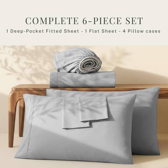 Hearth & Harbor 6 Piece Bed Sheet Set Extra Deep Pocket, Fits Mattress from 18-24 inces Depth, Split King, Silver