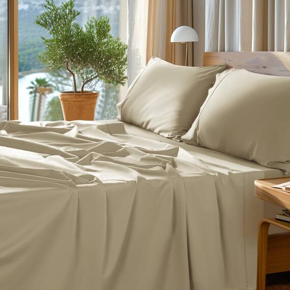 SONORO Kate Bettwäsche-Set aus 100% ägyptischer Baumwolle, Fadenzahl 1000, luxuriöses 5-Sterne-Hotel-Satin-Bettlaken, weich, atmungsaktiv, langstapelig, passend für bis zu 40,6 cm – 4-teilig (Leinen,