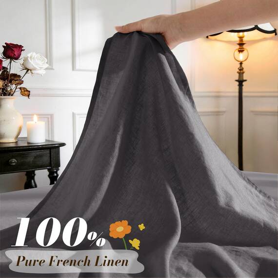 SONORO KATE Bettlaken aus 100 % französischem reinem Leinen, atmungsaktiv und strapazierfähig, reißfest, maschinenwaschbar, 40,6 cm tiefe Tasche, 4-teilig (Dunkelgrau, Queen)