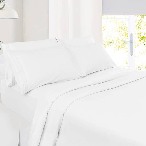 Nestl Bettwäscheset für Kingsize-Betten, 6-teilig, weich, tief, 1 Spannbetttuch, 1 Bettlaken, 2 Kissenbezüge mit Linien und 2 ohne Linien, schrumpft und verblasst Nicht, Kingsize, Weiß