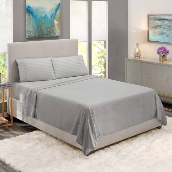 Nestl Bedding Damast Dobby Stripe 5-teiliges Set – 2 Spannbettlaken mit 35,6 cm - 40,6 tiefen Taschen Ultra weiche doppelt gebürstete Mikrofaser faltenfreie Kissenbezüge Split-King-Size-Bett Silber
