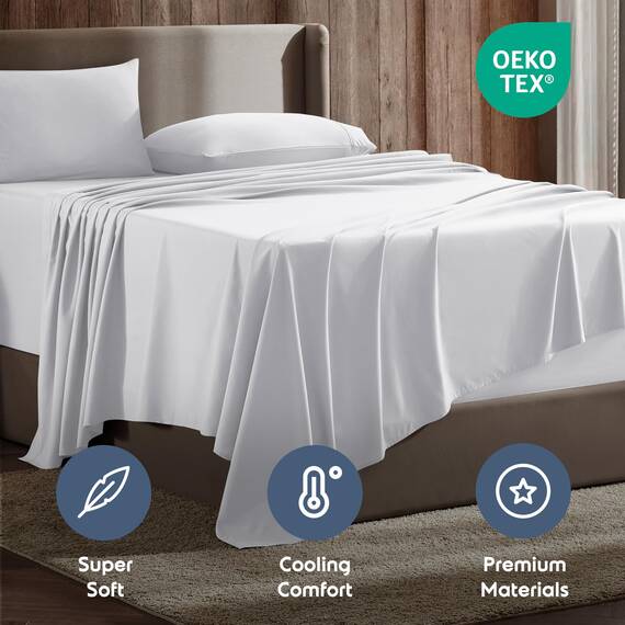 Nestl Luxus-Bettwäsche-Set für Queensize-Betten, 4-teilig, extra weich, 1800 Mikrofaser, mit Spannbetttuch, Bettlaken und 2 Kissenbezügen, atmungsaktiv, Hotelqualität, Komfort und Weichheit – Weiß
