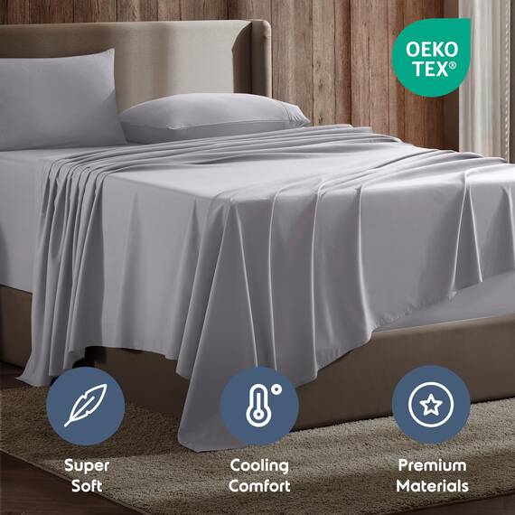 Nestl Komplettes Bettlaken-Set, luxuriöses 1800 ultraweiches Mikrofaser, doppelt gebürstet, tiefe Taschen, einfache Passform, 4-teiliges Set, Bettlaken und Kissenbezüge (Full, Grauer Lavendel)