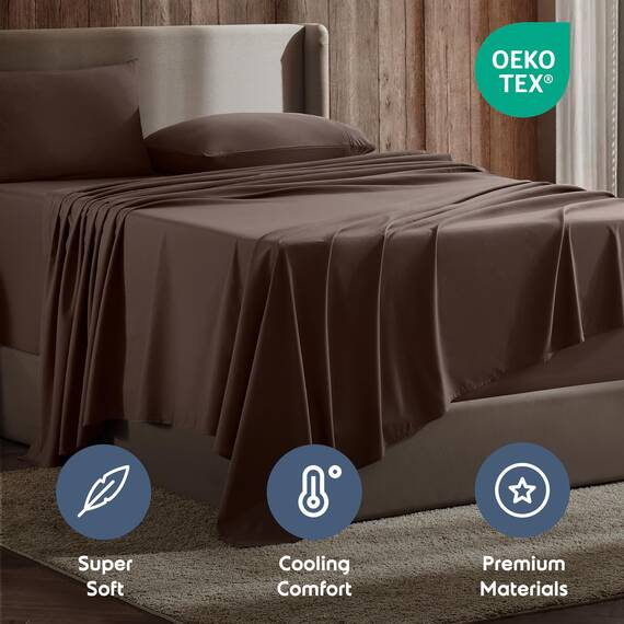 Nestl Bettlaken-Set – 1800 tiefe Taschen, Bettwäsche-Set – Hotel Luxus Doppelbett-gebürstete Mikrofaser – Spannbettlaken, Bettlaken, Kissenbezüge Queen schokobraun