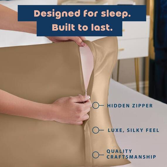ShopBedding Satin-Kissenbezug mit Reißverschluss, für Haar- und Hautpflege, fühlt sich weich und kühl an wie ein Seidenkissenbezug, beigefarbener Satin-Kissenbezug, 2er-Pack, Seidenkissenbezug,