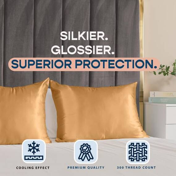 Shop Bedding Luxus Satin Kissenbezug für Haar-Satin Euro Kopfkissenbezug mit Reißverschluss, Blissford KÖNIG (2-Pack) Gold