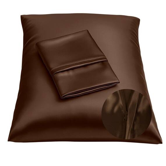 Shop Bedding Luxus Satin Kissenbezug für Haar-Satin Euro Kopfkissenbezug mit Reißverschluss, Blissford Königin (2-Pack) Braun