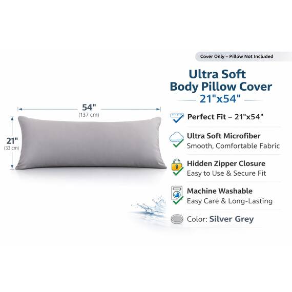 EVOLIVE Ultra Soft Mikrofaser Körper-Kissen-Abdeckung/Kissen- mit verstecktem Reißverschluss Grau 21 "x54
