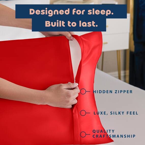 Shop Bedding Luxus Satin Kissenbezug für Haar-Satin Euro Kopfkissenbezug mit Reißverschluss, Blissford Königin (2-Pack) rot
