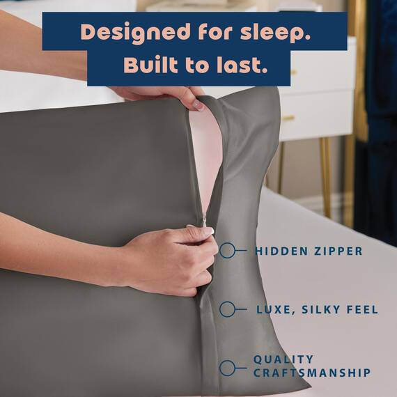 BLISSFORD Satin-Kissenbezug mit Reißverschluss, für Haar- und Hautpflege, fühlt sich weich und kühl an wie ein Seidenkissenbezug, Satin-Kissenbezüge, 2 Stück, Dunkelgrau – Queen-Size-Größe