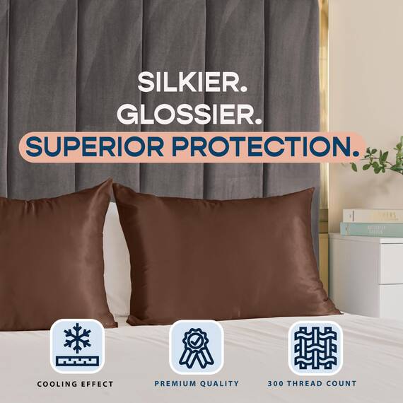 Shop Bedding Luxus Satin Kissenbezug für Haar-Satin Euro Kopfkissenbezug mit Reißverschluss, Blissford Königin (2-Pack) Braun