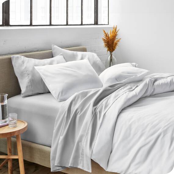 Bare Home Bettwäsche-Set für Doppelbett, hydrogebürstete 1800 Mikrofaser, Doppelbettgröße, tiefe Tasche, 4-teilig, flach, 2 Kissenbezüge, Wolkengrau