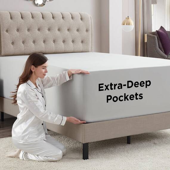 Empyrean Bedding Spannbettlaken für hohe Matratzen, 45.7 cm – 53.3 cm, extra tief, luxuriös, seidig, weich, doppelt gebürstete Mikrofaser, hypoallergen, knitterfrei, Queen-Size-Bett, silberfarben