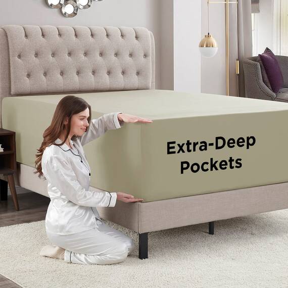 Empyrean Bedding Extra tiefe Spannbettlaken für hohe Matratzen, 45.7 cm – 53.3 cm, luxuriös, seidig weich, doppelt gebürstete Mikrofaser, hypoallergen, knitterfrei, für Doppelbett, Salbeigefarben