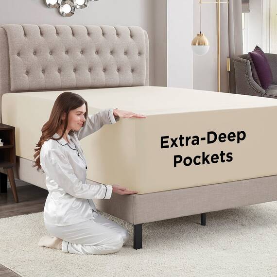 Empyrean Bedding Extra tiefe Spannbettlaken für hohe Matratzen, 45.7 cm – 53.3 cm, luxuriös, seidig weich, doppelt gebürstete Mikrofaser, hypoallergen, knitterfrei, King-Size-Bett, cremefarben