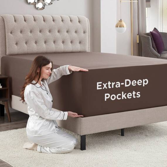 Empyrean Bedding Spannbettlaken für hohe Matratzen, 45.7 - 53.3 cm, extra tief, luxuriös, seidig, weich, doppelt gebürstete Mikrofaser, hypoallergen, knitterfrei, Kingsize-Bett, Braun
