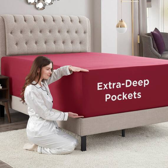 Empyrean Bedding - Extra tiefes Spannbettlaken für Doppelbett, 110 g/m² Mikrofaser, 99,1 x 203,2 cm, passt für Matratzen 45,7 - 61 cm, mit zwei XL-Taschen und Eckbändern, in Burgunderrot