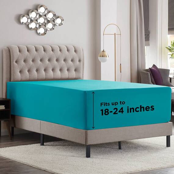 Empyrean Bedding Spannbettlaken für hohe Matratzen, 45.7 - 53.3 cm, extra tief, luxuriös, seidig, weich, doppelt gebürstete Mikrofaser, hypoallergen, knitterfrei, für Doppelbett, Blaugrün